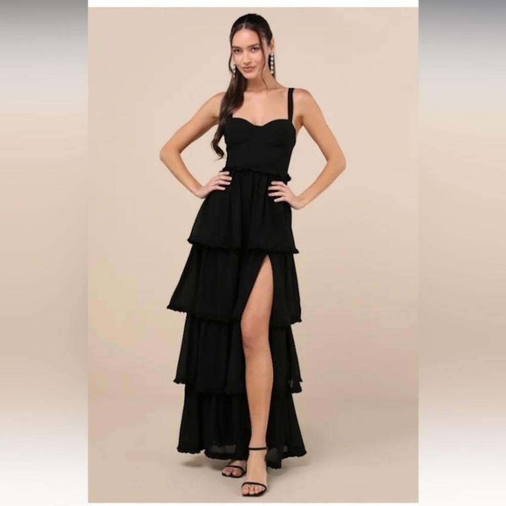 NWT Lulus Sophisticated Occasion Black Bustier Lace-Up Maxi Dress